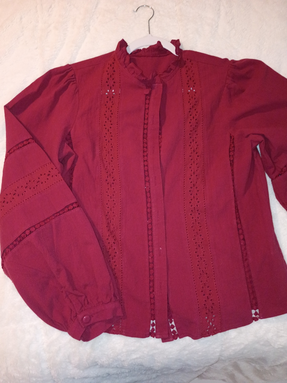 SHEIN Burgundy Eyelet Lace-Trim Long Sleeve Blouse